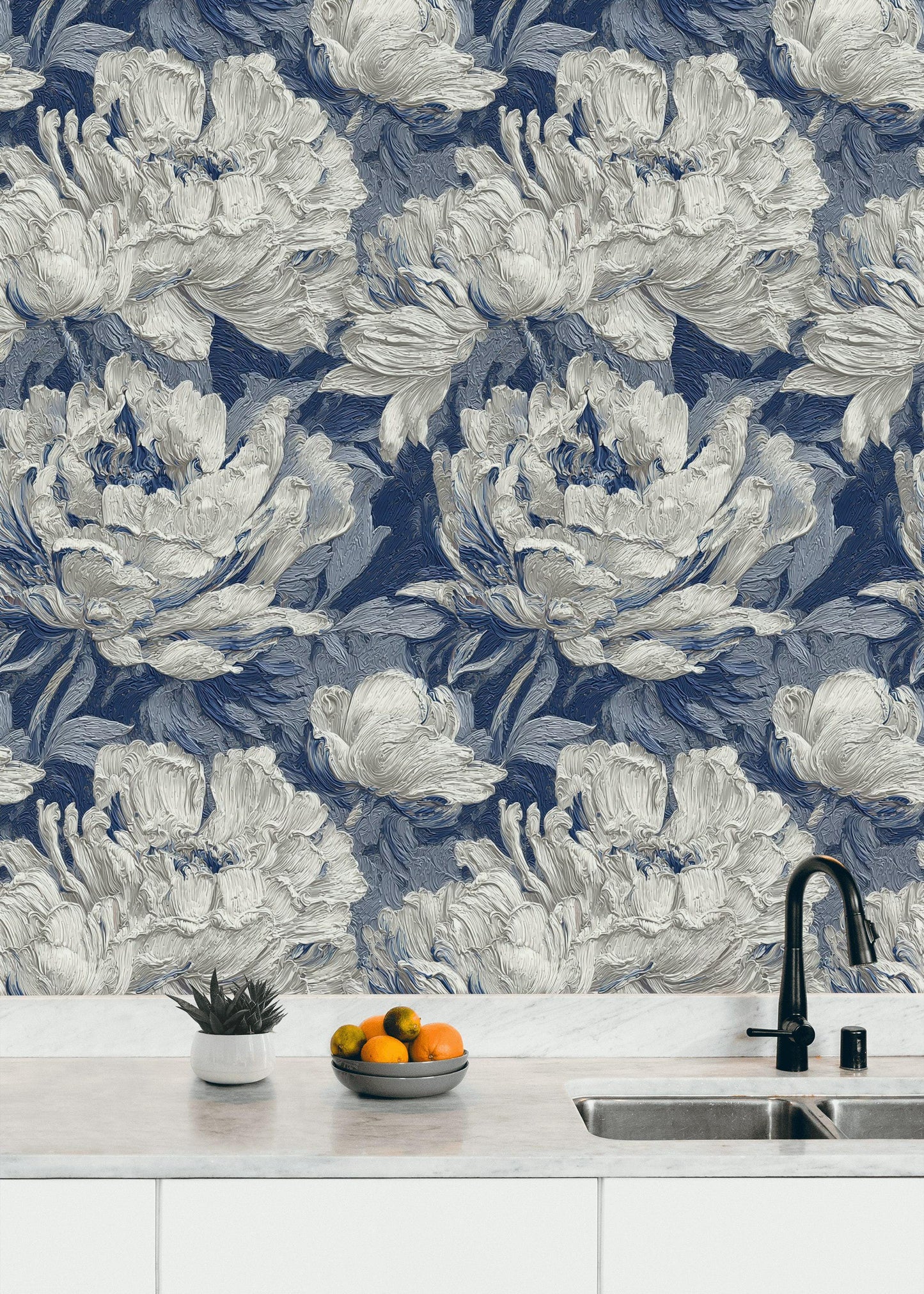 Textured Blue Floral Wallpaper: Modern Impasto Peel and Stick Wall Mural