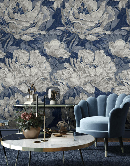 Textured Blue Floral Wallpaper: Modern Impasto Peel and Stick Wall Mural