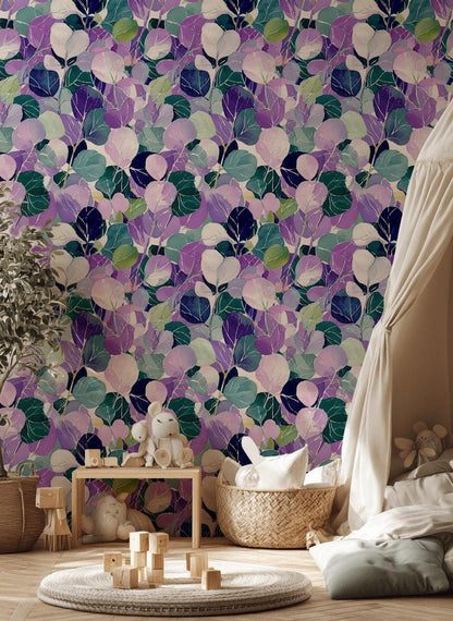 Watercolor Leaf Peel and Stick Wallpaper: Purple Green Botanical Wall Mural