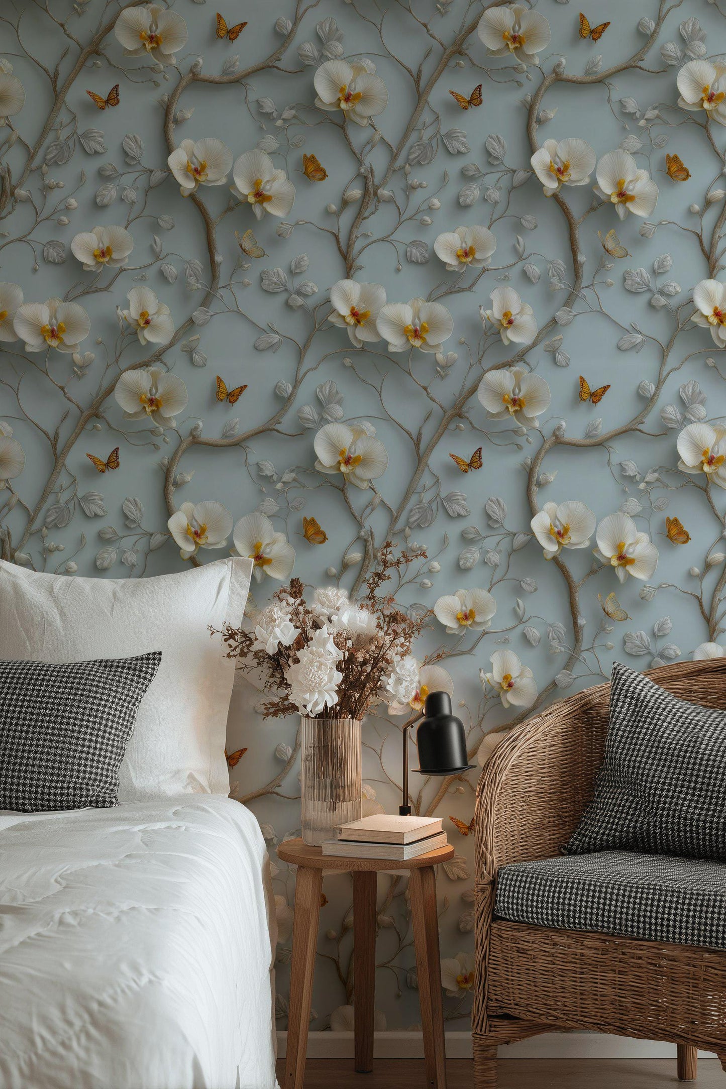 3D Orchid Wallpaper: Blue & White Butterfly Wall Mural - Peel and Stick