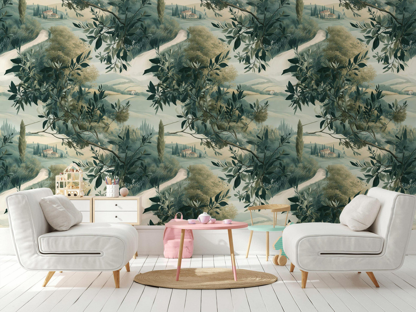 Tuscan Landscape Wallpaper | Olive Tree Wall Mural | Italian Countryside Peel and Stick Decor