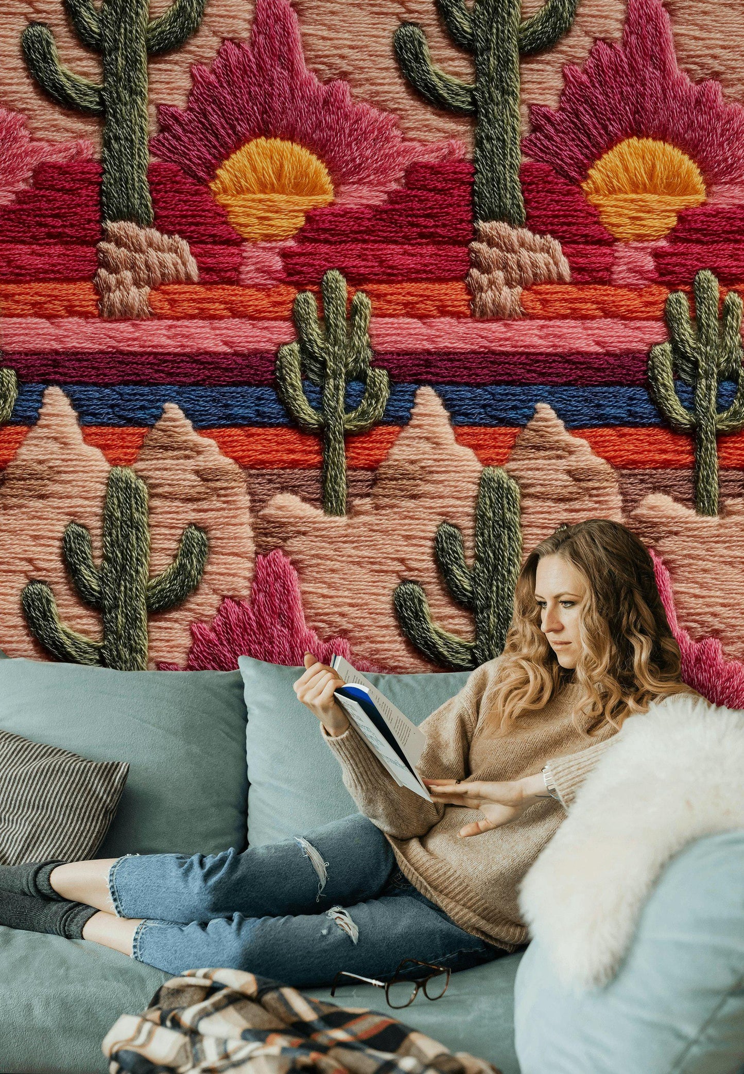 Embroidered Desert Landscape Wallpaper | Southwestern Wall Mural | Boho Peel and Stick Decor