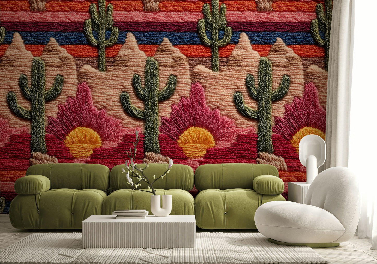 Embroidered Desert Landscape Wallpaper | Southwestern Wall Mural | Boho Peel and Stick Decor