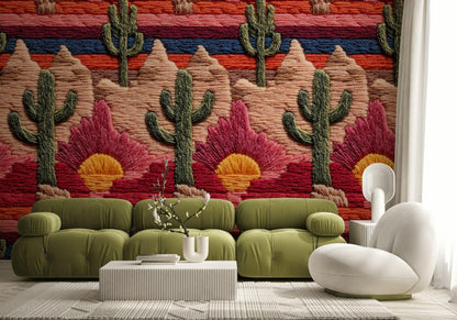 Embroidered Desert Landscape Wallpaper | Southwestern Wall Mural | Boho Peel and Stick Decor