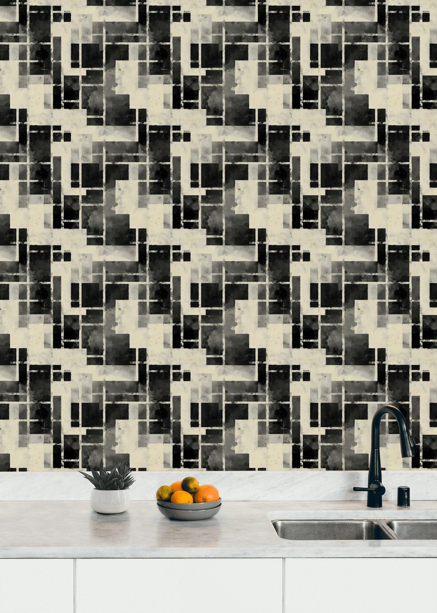 Monochrome Bauhaus Wallpaper: Abstract Watercolor Grid, Peel & Stick Mural