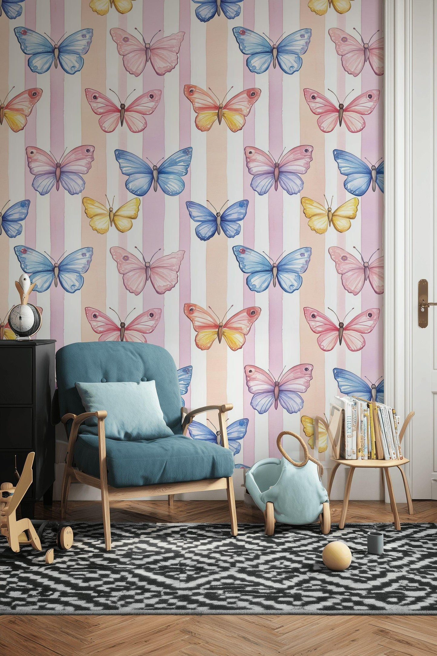 Watercolor Butterfly Wallpaper: Pastel Striped Peel and Stick Nursery Decor