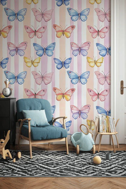Watercolor Butterfly Wallpaper: Pastel Striped Peel and Stick Nursery Decor