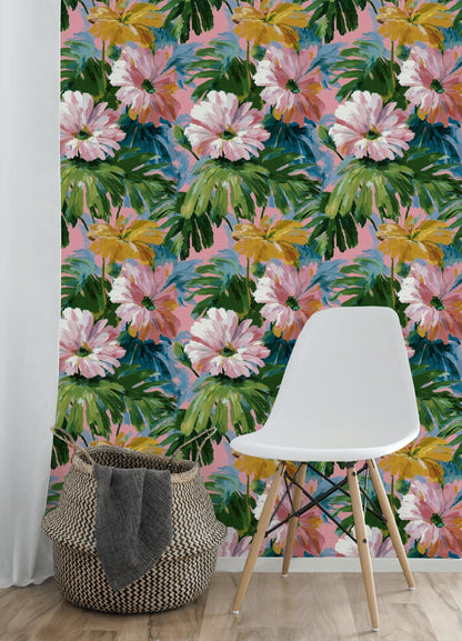 Tropical Floral Wallpaper: Impressionist Pink & Green Peel and Stick Mural