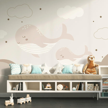 Boho Whale Nursery Wallpaper, Neutral Ocean Wall Mural, Minimalist Peel and Stick Baby Decor