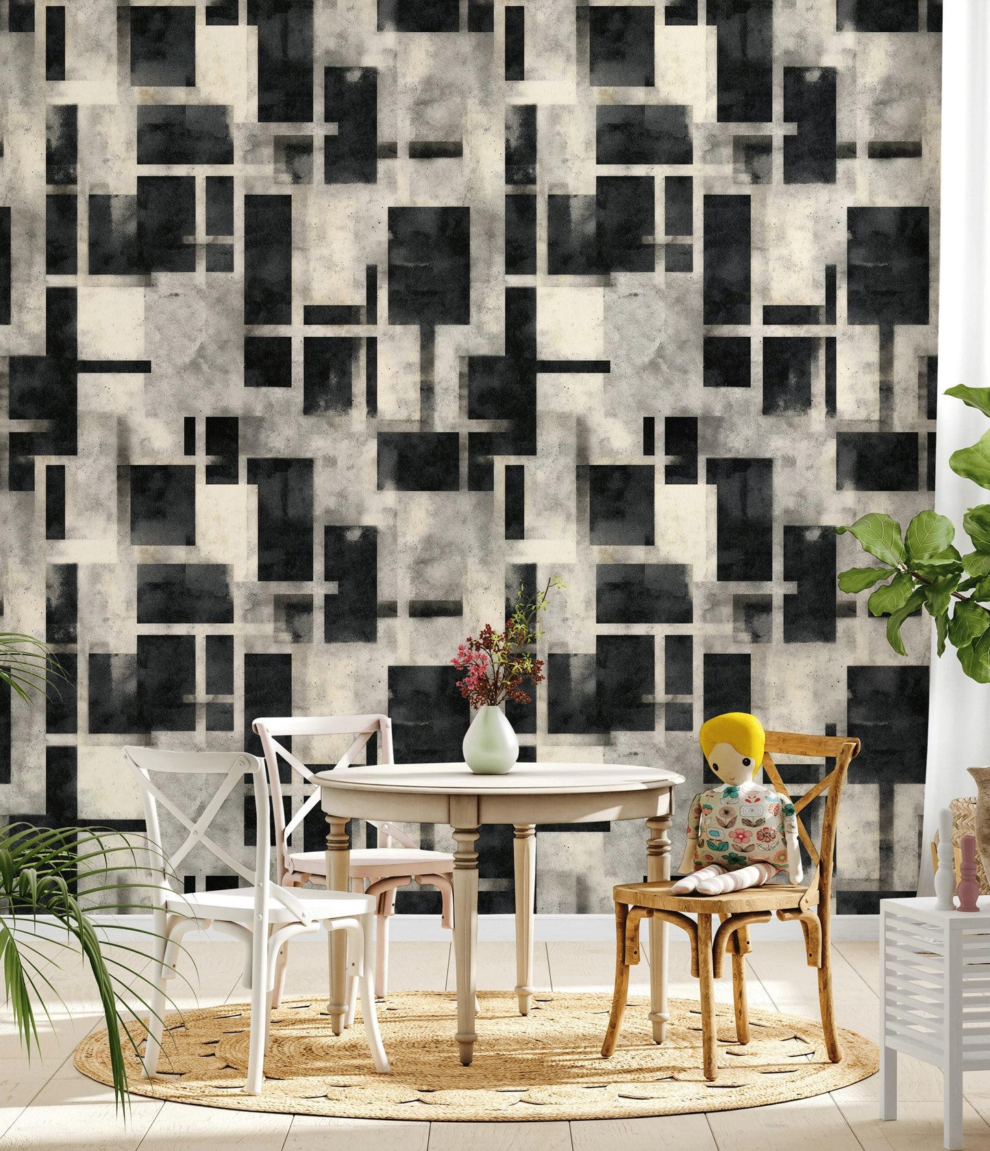 Black and White Geometric Grid Wallpaper Mural: Modern Peel and Stick