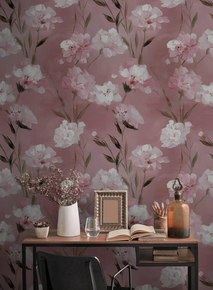 Romantic Pink Floral Wallpaper | Soft Textured Flower Wall Mural | Blush Peel and Stick Decor