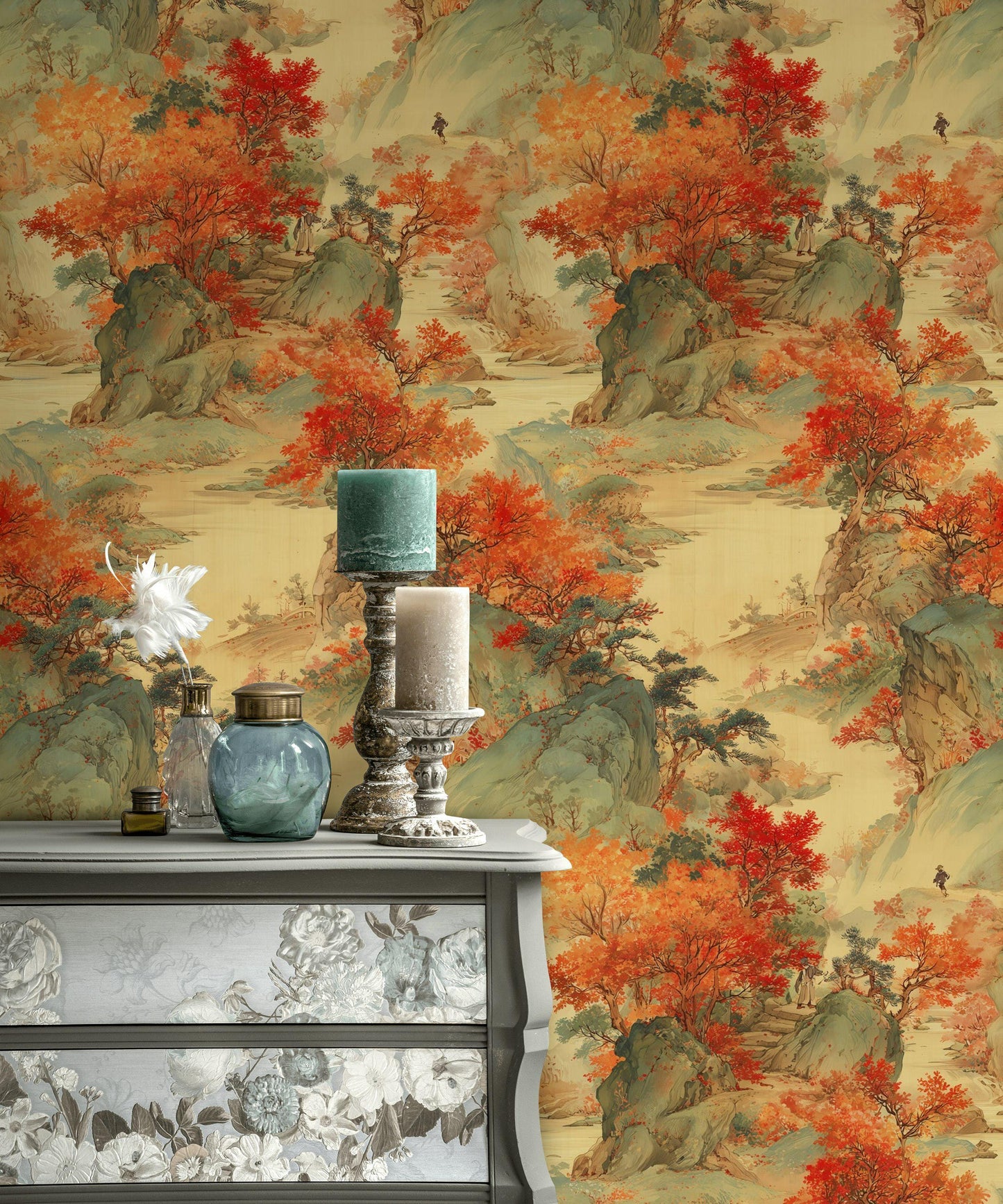 Oriental Landscape Wallpaper | Asian Mountain Wall Mural | Traditional Chinese Art Peel and Stick Decor