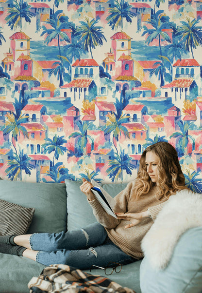 Watercolor Mediterranean Village Peel and Stick Wallpaper | Coastal Town Wall Mural Removable Seaside Decor