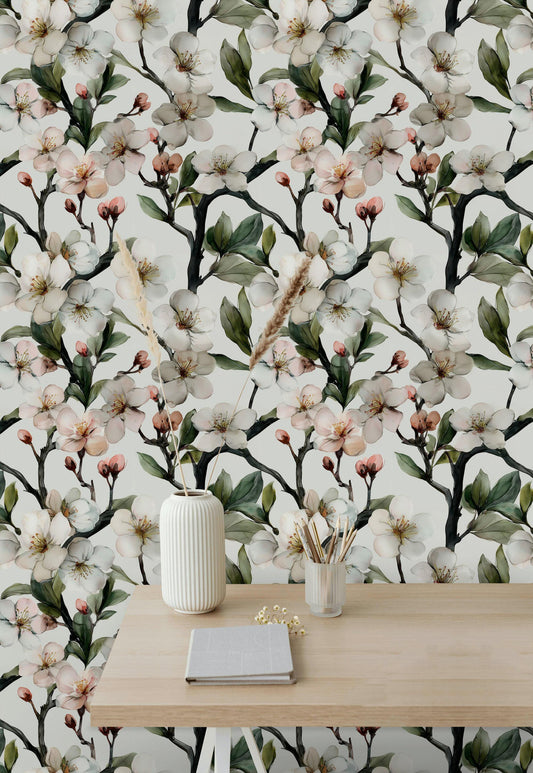 Cherry Blossom Wallpaper Mural: Watercolor Floral Peel and Stick Decor