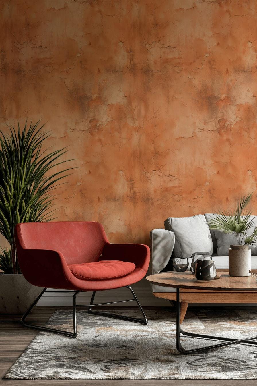 Distressed Terracotta Wallpaper Mural, Rustic Rusty Wall Decor, Industrial Peel and Stick