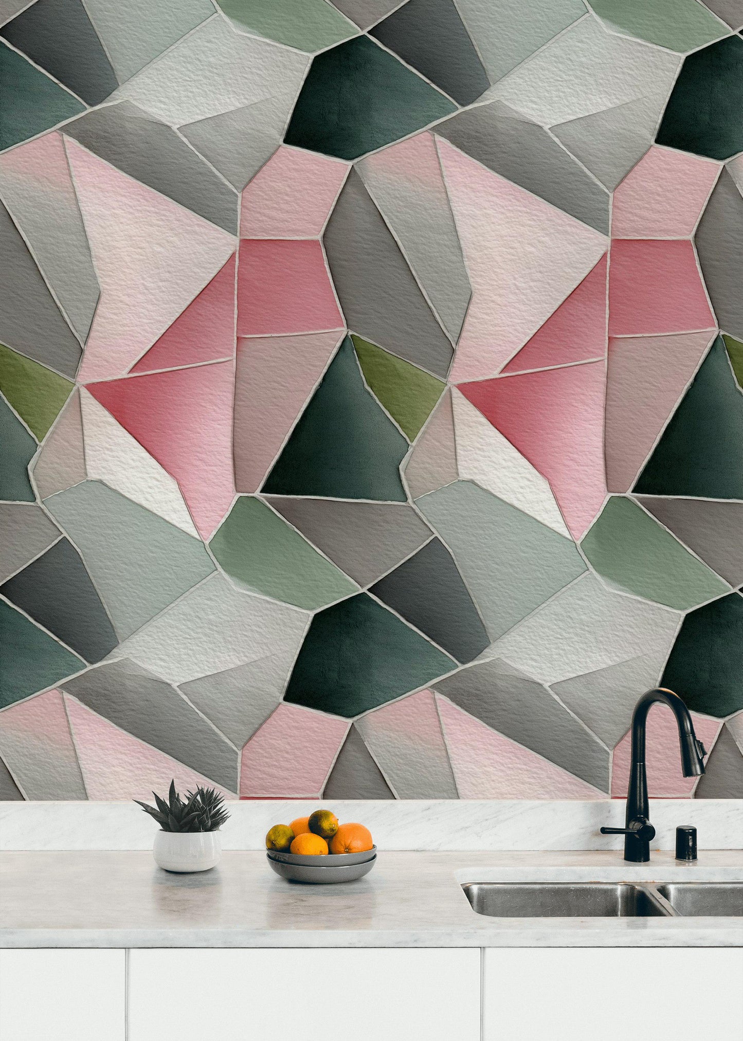 Pink & Gray Geometric Mosaic Wallpaper: Peel and Stick Wall Mural