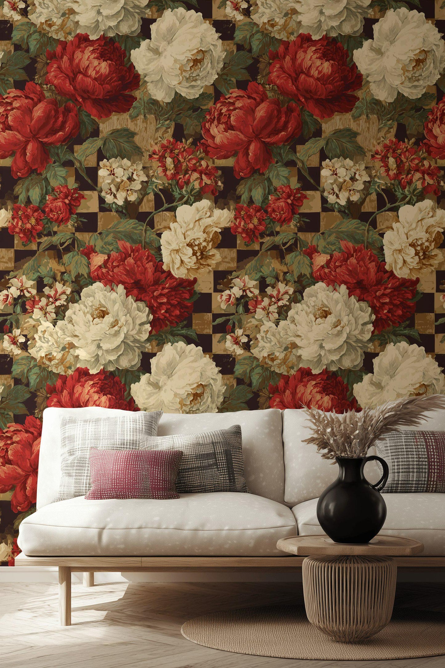 Dark Academia Floral Wallpaper: Vintage Checkered Peel and Stick Mural