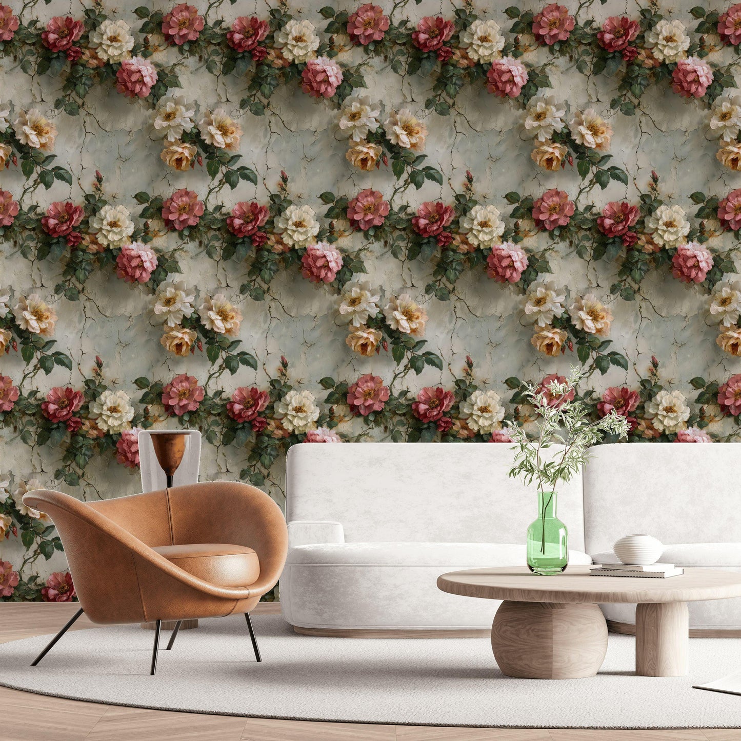Rose Mural Wallpaper: Shabby Chic Crackle Effect (Peel & Stick)