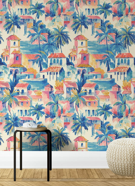 Watercolor Mediterranean Village Peel and Stick Wallpaper | Coastal Town Wall Mural Removable Seaside Decor