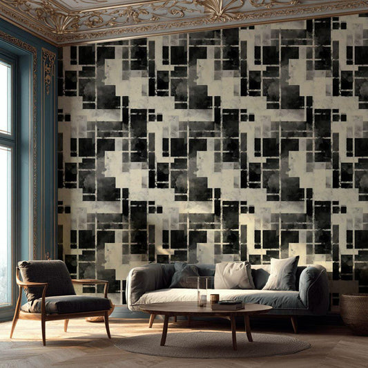 Monochrome Bauhaus Wallpaper: Abstract Watercolor Grid, Peel & Stick Mural