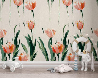 Minimalist Tulip Wallpaper, Modern Pink Floral Wall Mural, Botanical Peel and Stick Decor