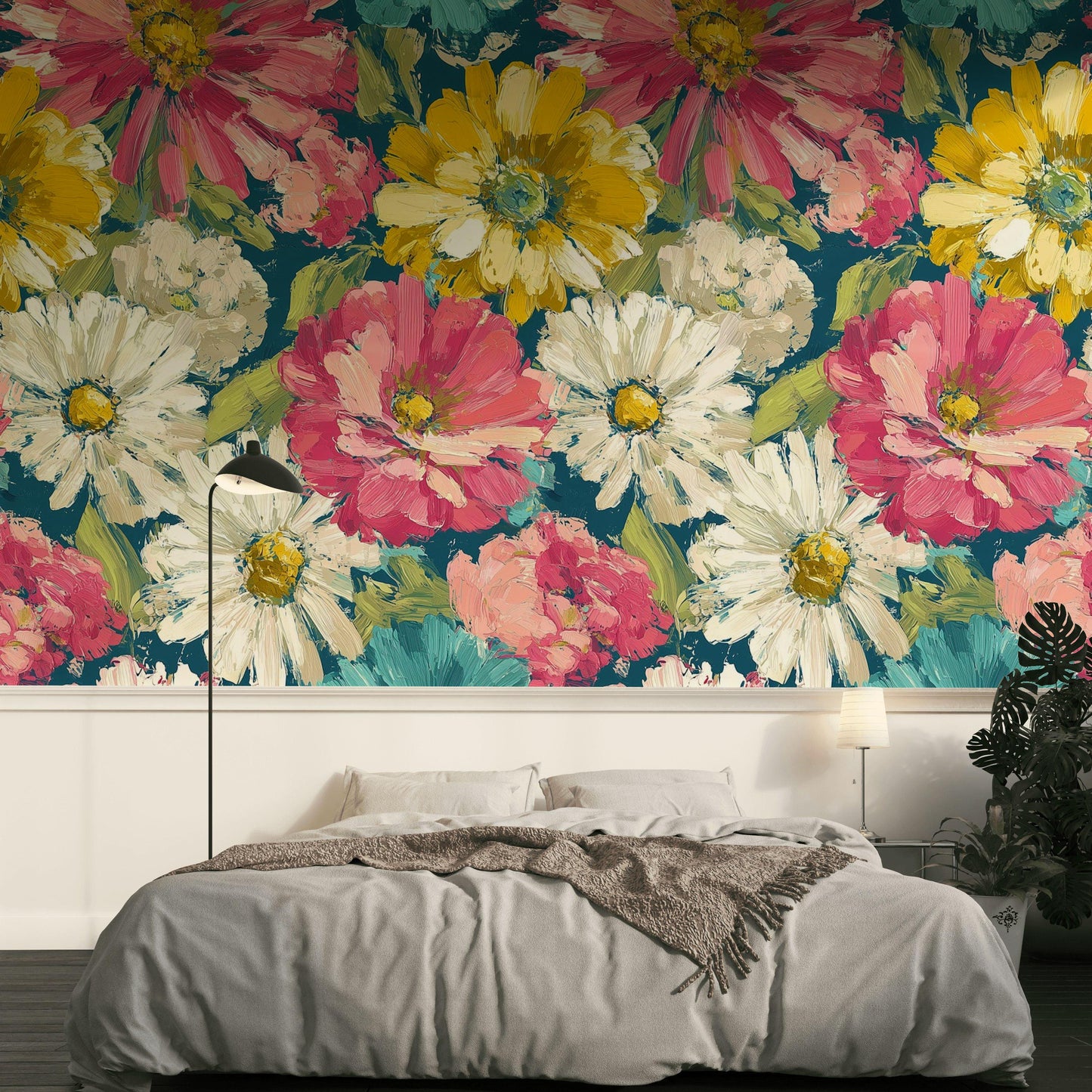 Teal & Pink Floral Wallpaper Mural: Impasto Texture, Peel and Stick