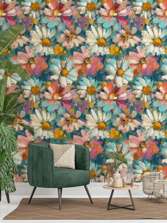 Impressionist Daisy Wallpaper Mural: Vibrant Floral Peel and Stick Art