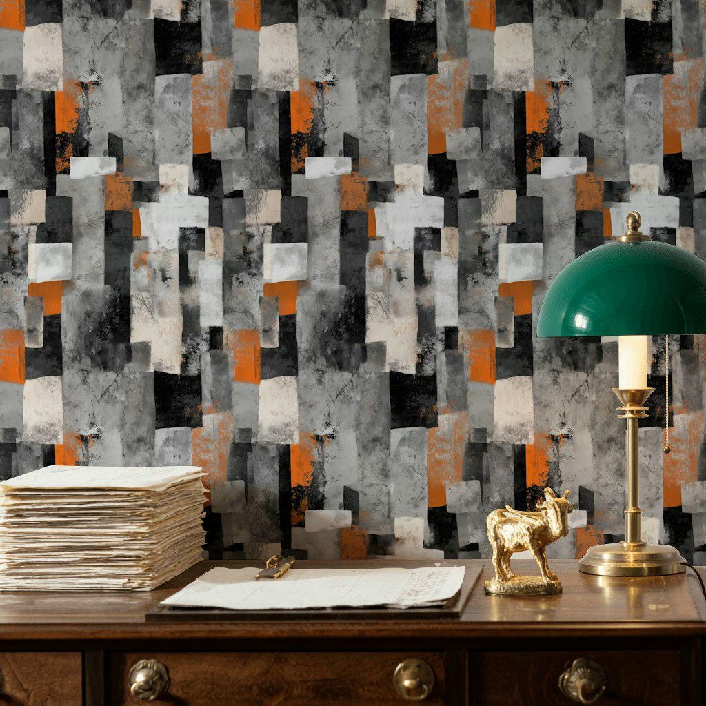 Geometric Block Wallpaper Mural: Orange, Grey, Black Peel and Stick Art