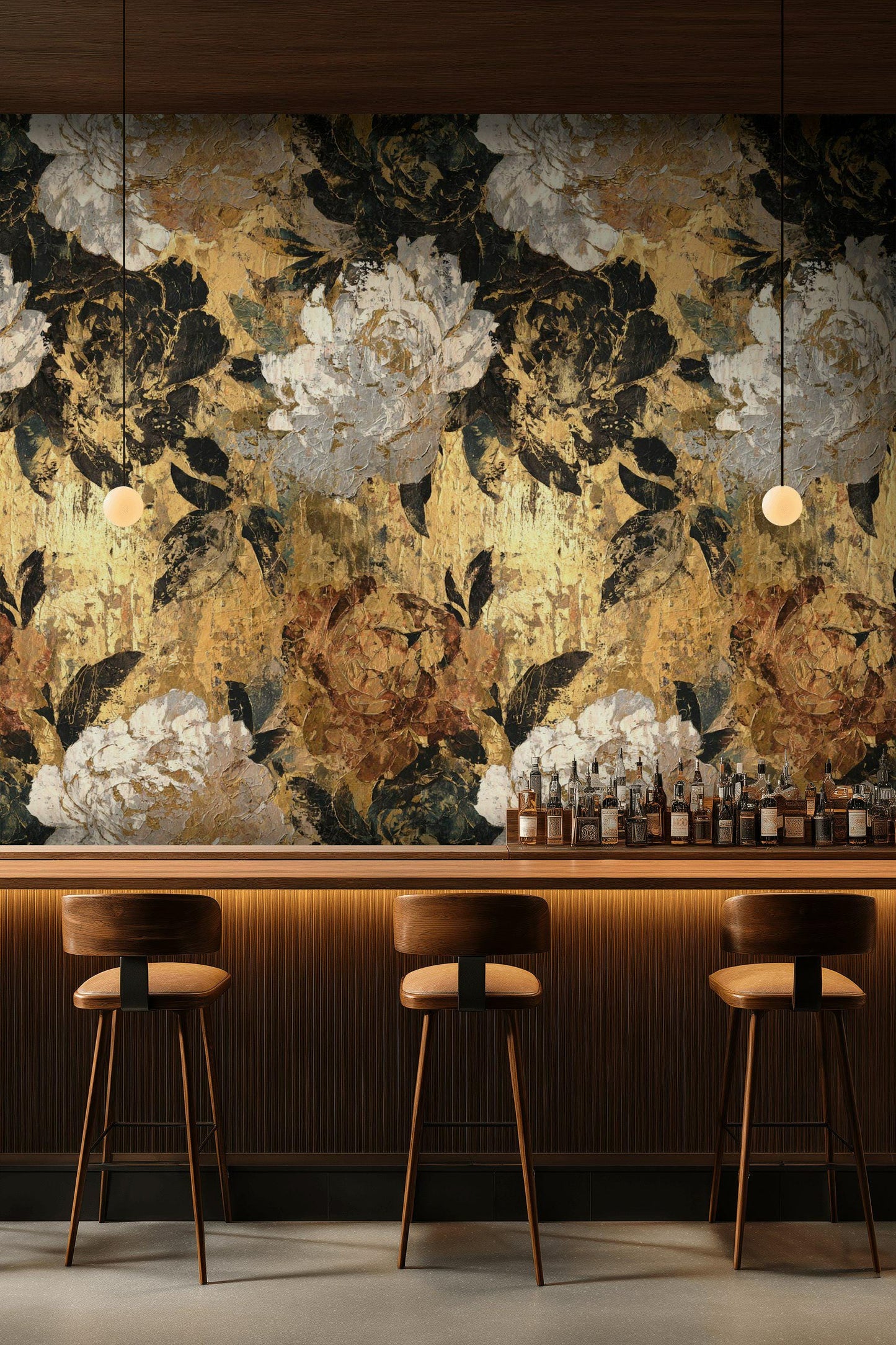 Golden Tones Floral Wallpaper | Textured Impasto Wall Mural | Luxury Botanical Peel and Stick Decor
