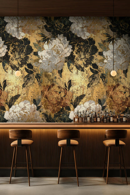 Golden Tones Floral Wallpaper Textured Impasto Wall Mural Luxury Botanical Peel and Stick Decor