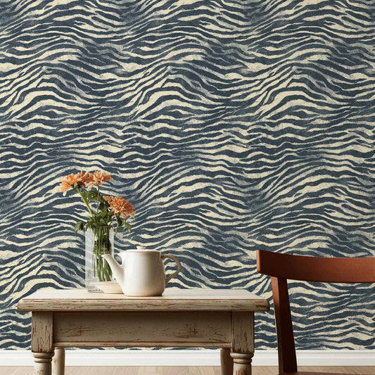 Navy Blue Zebra Print Wallpaper: Textured Peel and Stick Wall Mural