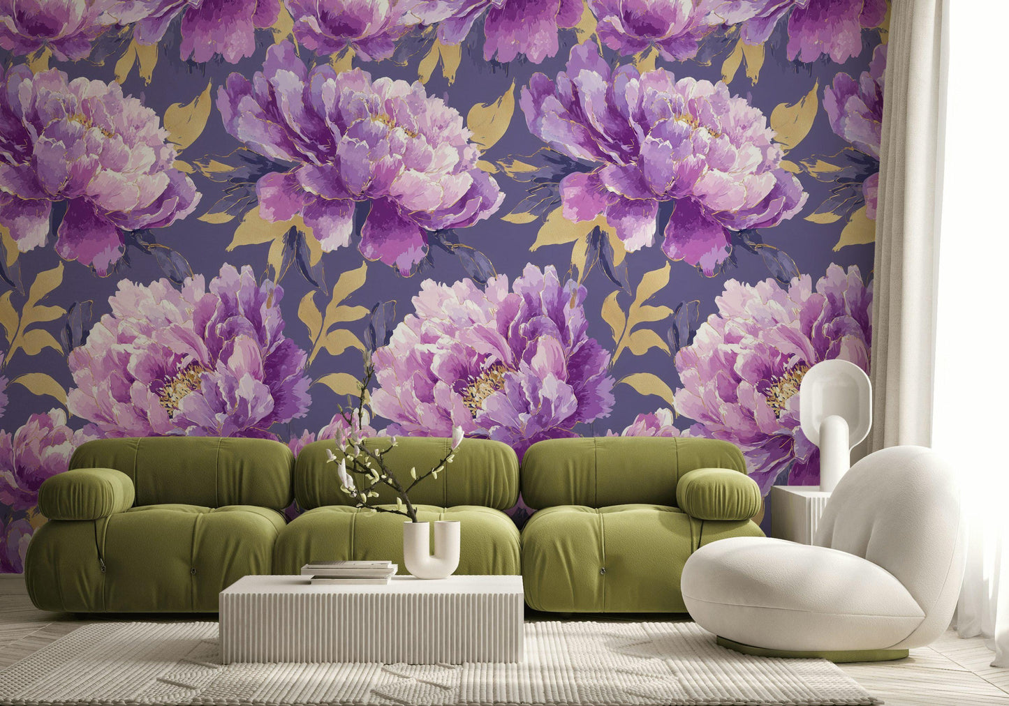 Purple & Gold Peony Wallpaper: Glam Botanical Peel and Stick Mural