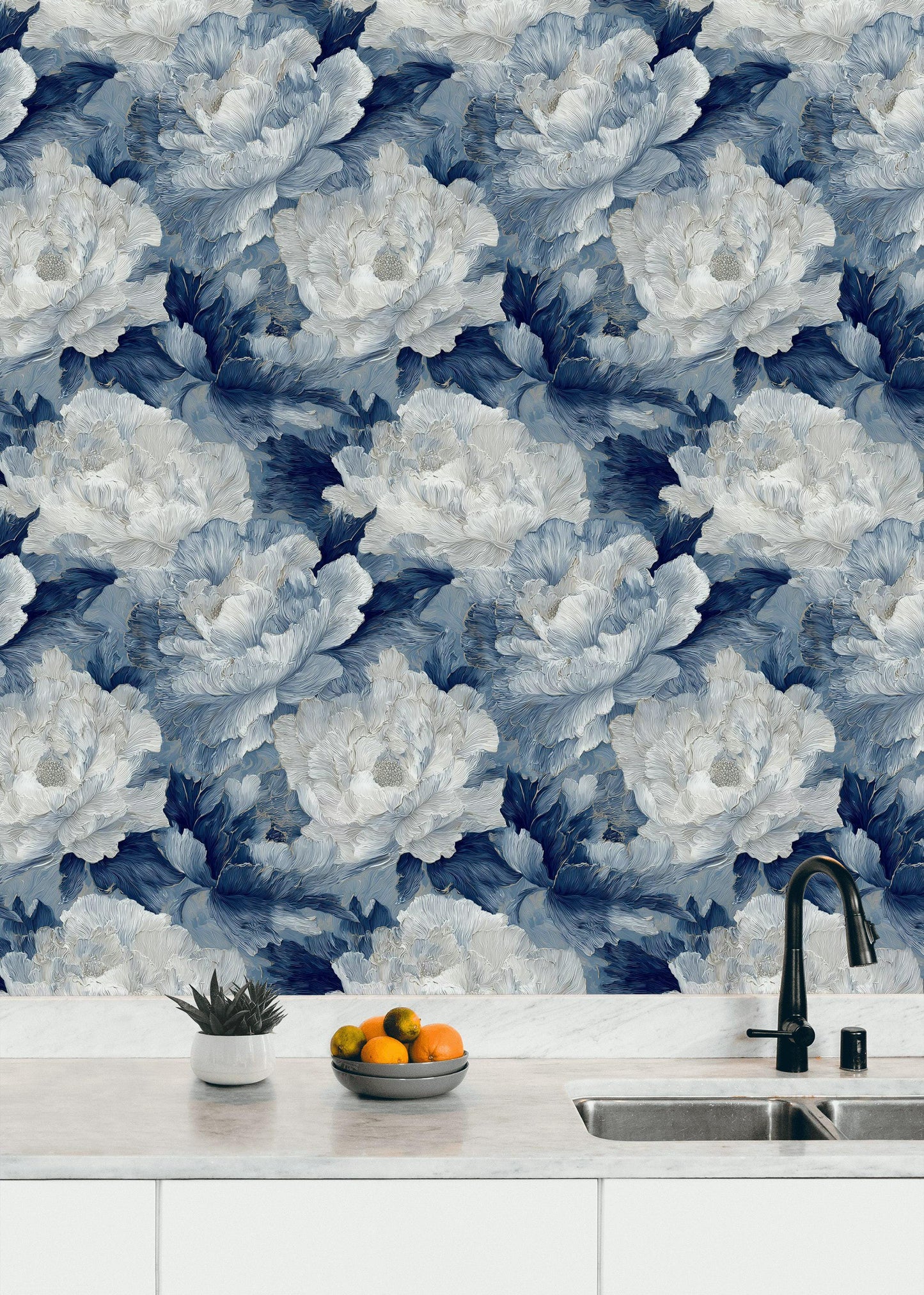 Textured Blue Floral Wallpaper, Modern Botanical Wall Mural, Peony Peel and Stick Decor