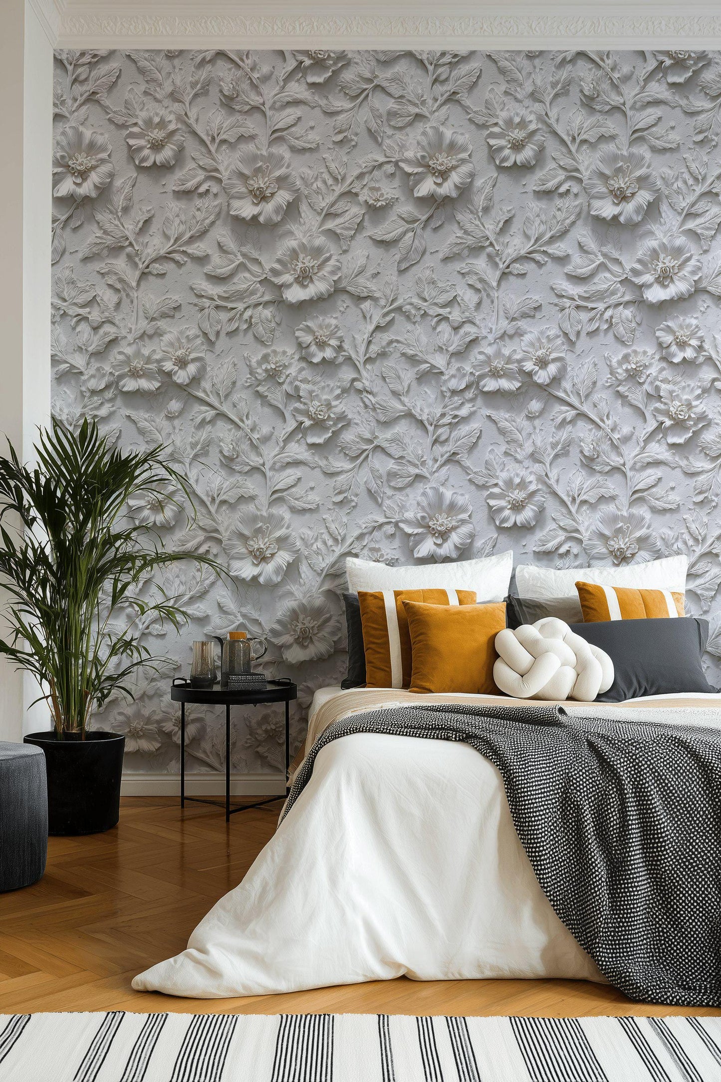 Embossed 3D Floral Wallpaper, White Textured Wall Mural, Peel and Stick Minimalist Decor
