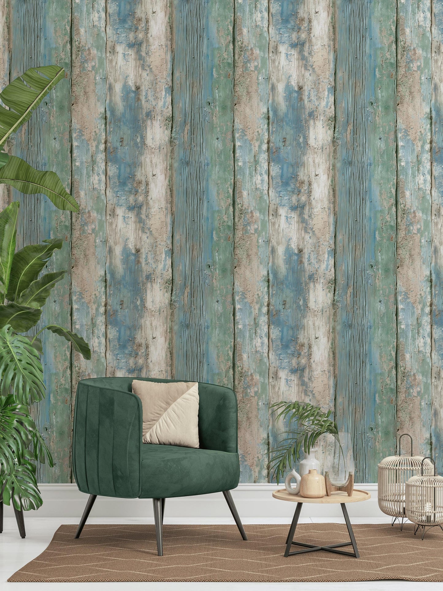 Coastal Blue Wood Plank Wallpaper: Shabby Chic Peel and Stick Mural