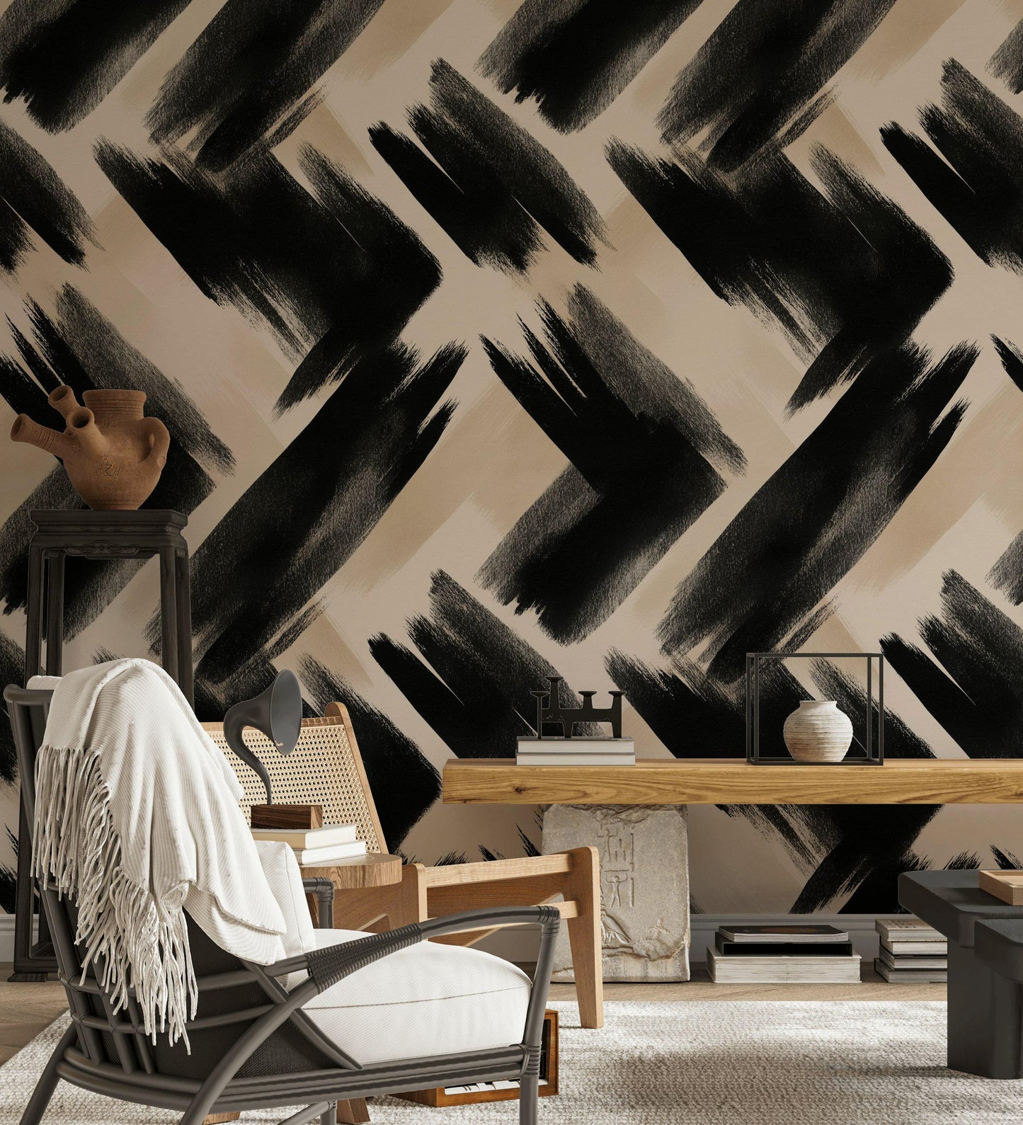 Abstract Brush Stroke Wallpaper | Modern Black White Wall Mural | Artistic Peel and Stick Decor