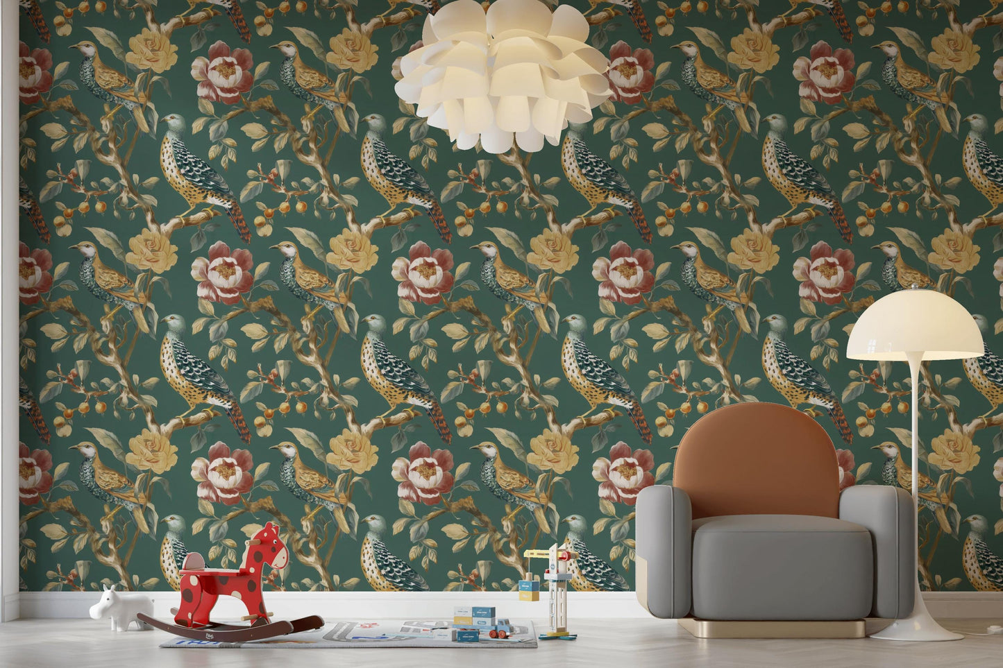 Chinoiserie Bird Wallpaper: Dark Green Floral Peel and Stick Mural