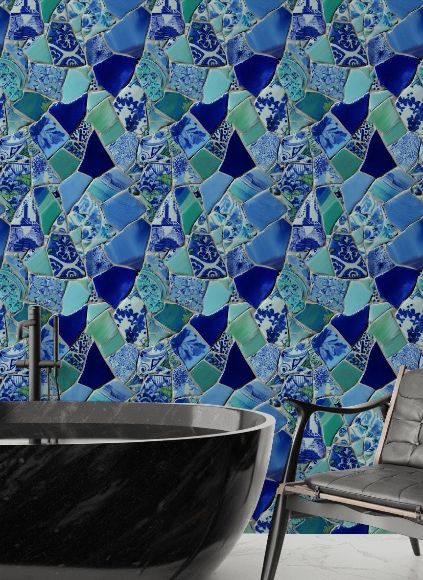 Blue Broken Ceramic Mosaic Wallpaper, Chinoiserie Porcelain Peel & Stick or Unpasted Vertical Wall Mural