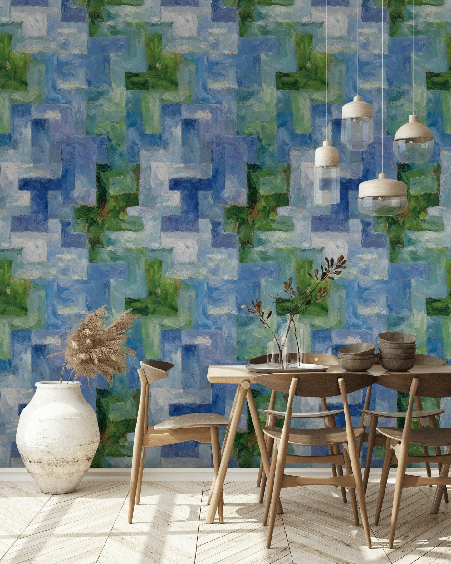 Monet Style Impressionist Mural, Textured Blue Green Block Wallpaper, Vertical Peel & Stick Art Panel