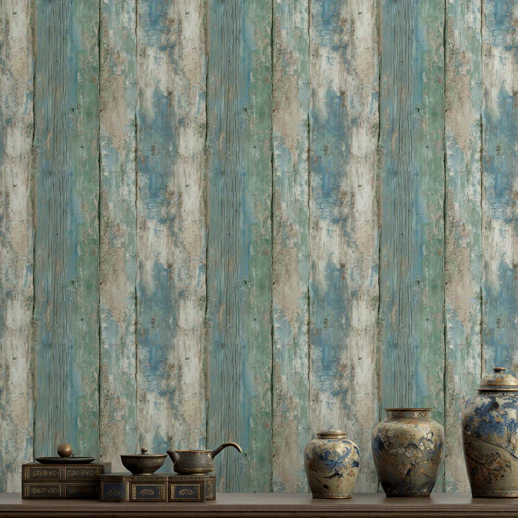 Coastal Blue Wood Plank Wallpaper: Shabby Chic Peel and Stick Mural
