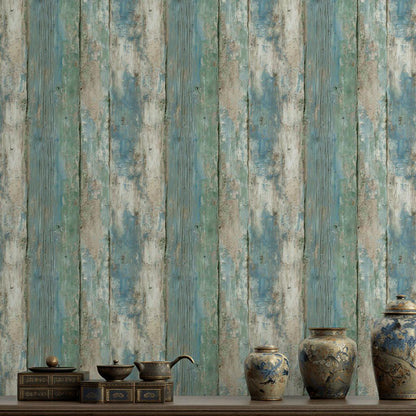 Coastal Blue Wood Plank Wallpaper: Shabby Chic Peel and Stick Mural