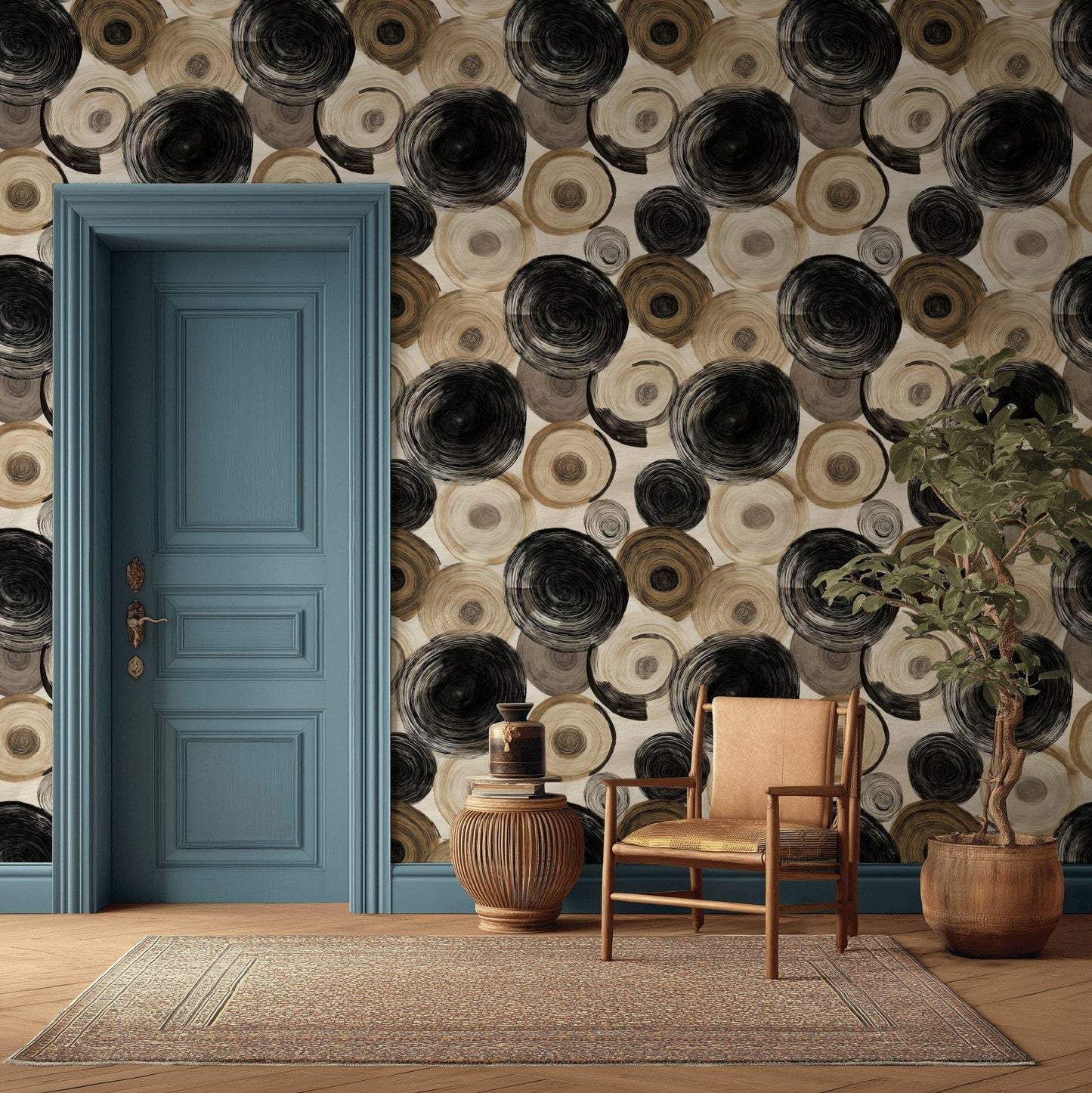 Abstract Swirl Wallpaper Mural: Black Espresso Circles, Hand-Painted Art (Peel & Stick or Unpasted)