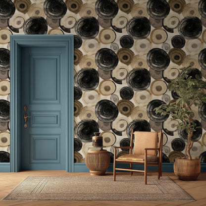 Abstract Swirl Wallpaper Mural: Black Espresso Circles, Hand-Painted Art (Peel & Stick or Unpasted)