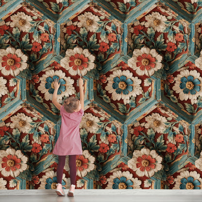 Faux Carved Wood Wallpaper: 3D Floral Peel and Stick Wall Mural