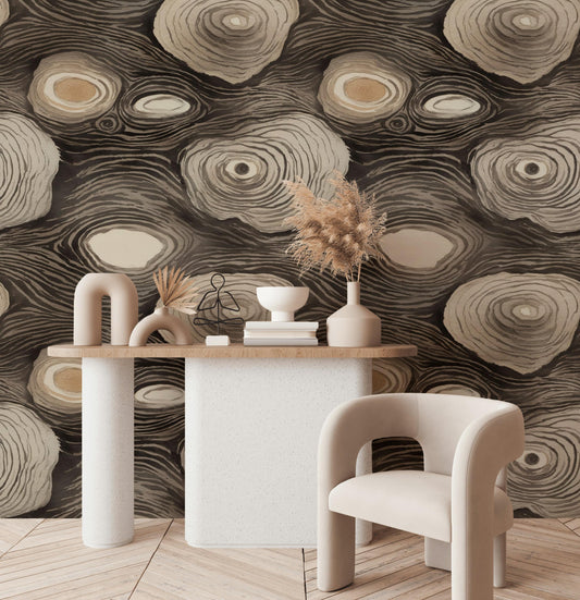 Abstract Tree Rings Wallpaper: Earthy Modern Peel and Stick Wall Mural