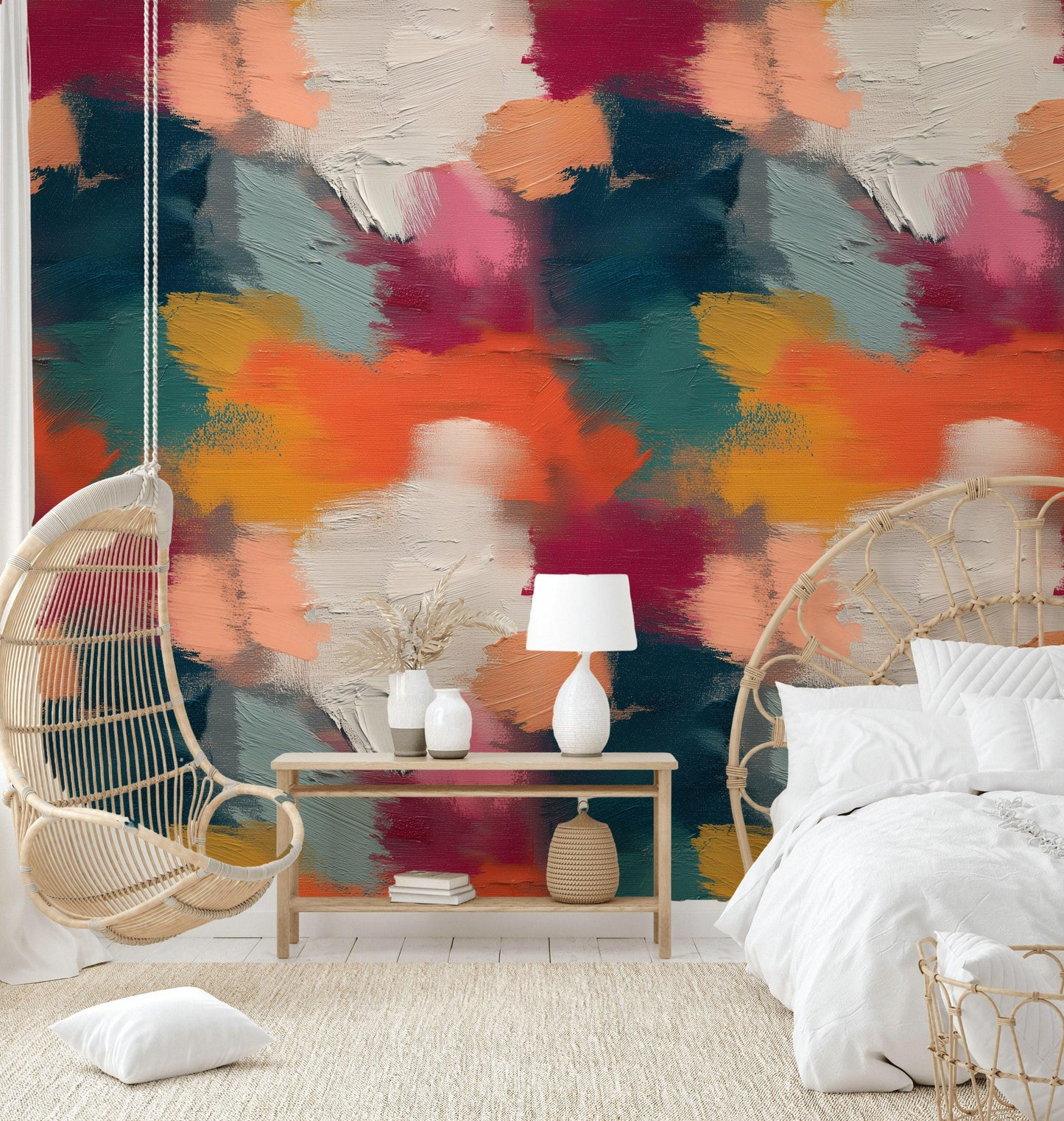 Abstract Bold Brushstroke Wallpaper | Textured Multi-Color Wall Mural | Modern Impasto Peel and Stick Decor