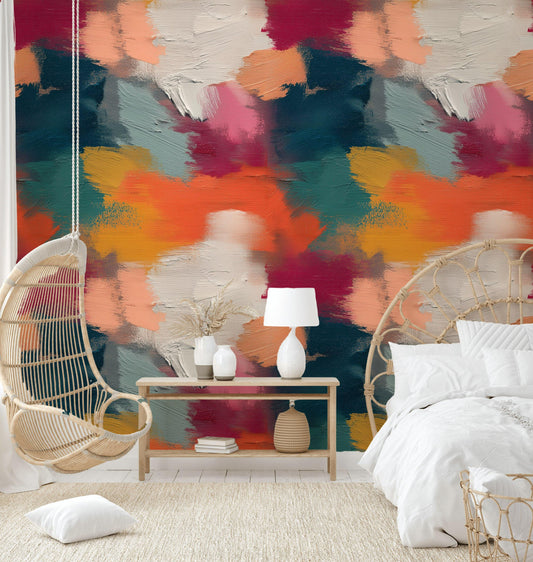 Abstract Bold Brushstroke Wallpaper | Textured Multi-Color Wall Mural | Modern Impasto Peel and Stick Decor
