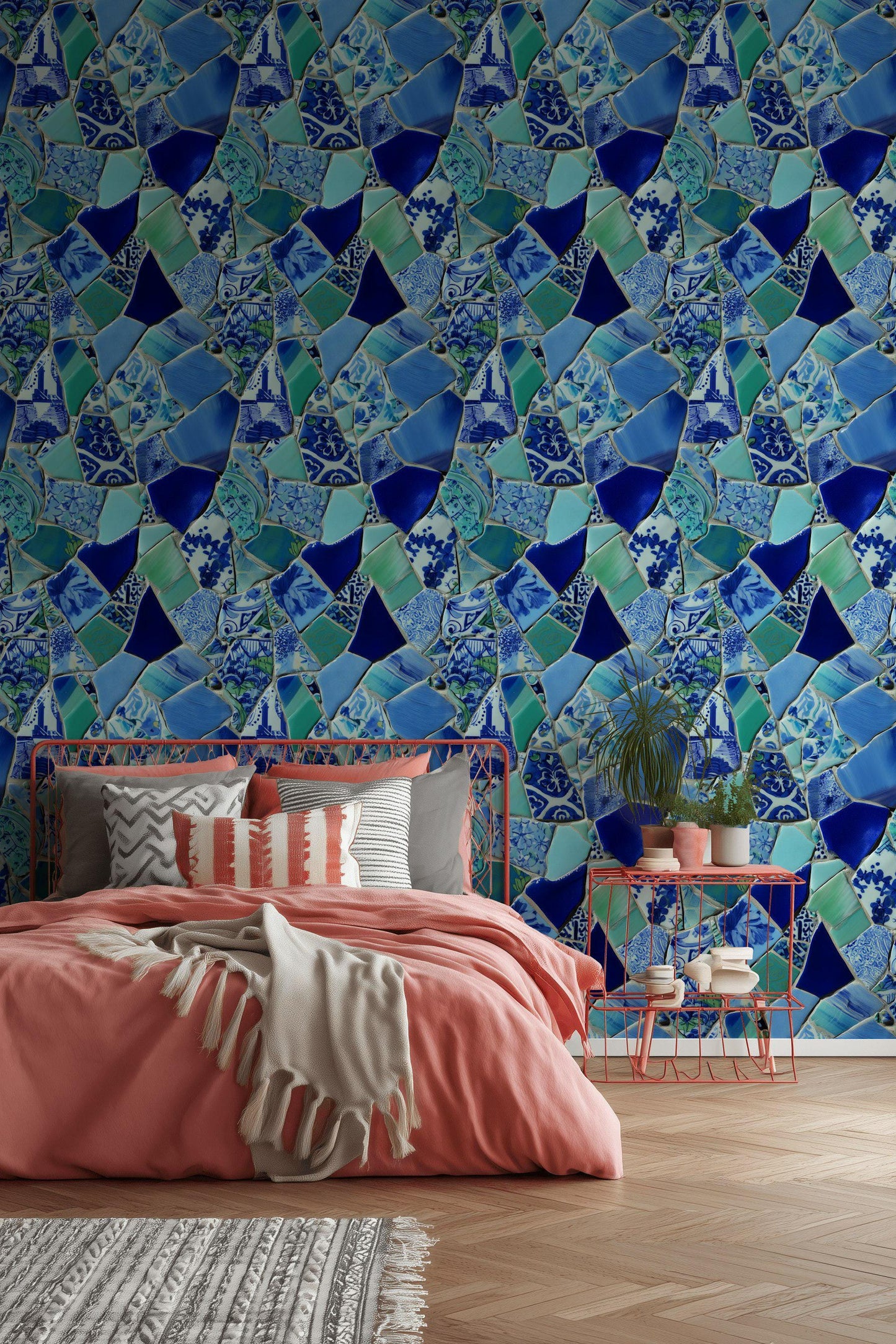 Blue Broken Ceramic Mosaic Wallpaper, Chinoiserie Porcelain Peel & Stick or Unpasted Vertical Wall Mural