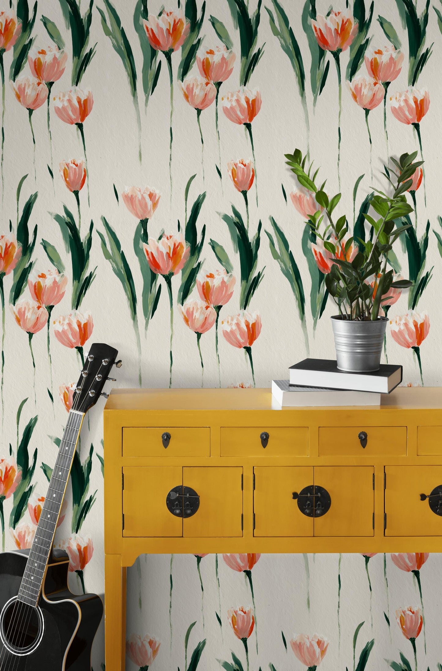 Minimalist Tulip Wallpaper, Modern Pink Floral Wall Mural, Botanical Peel and Stick Decor