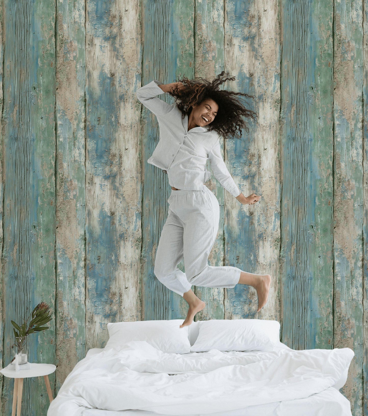 Coastal Blue Wood Plank Wallpaper: Shabby Chic Peel and Stick Mural